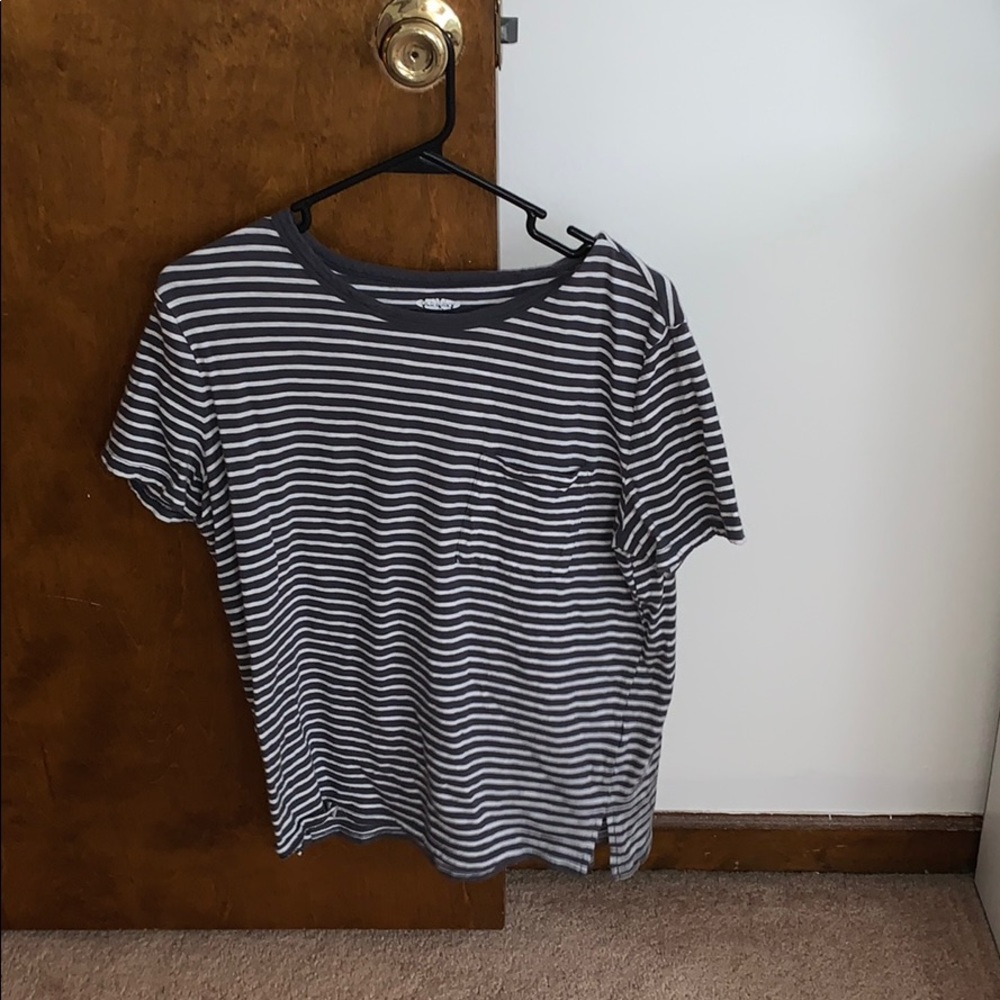 gray and white striped shirt sleeve with pocket